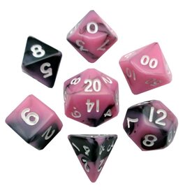 Metallic Dice Games Mini Poly 7 dice set: Pink/black with White 10mm