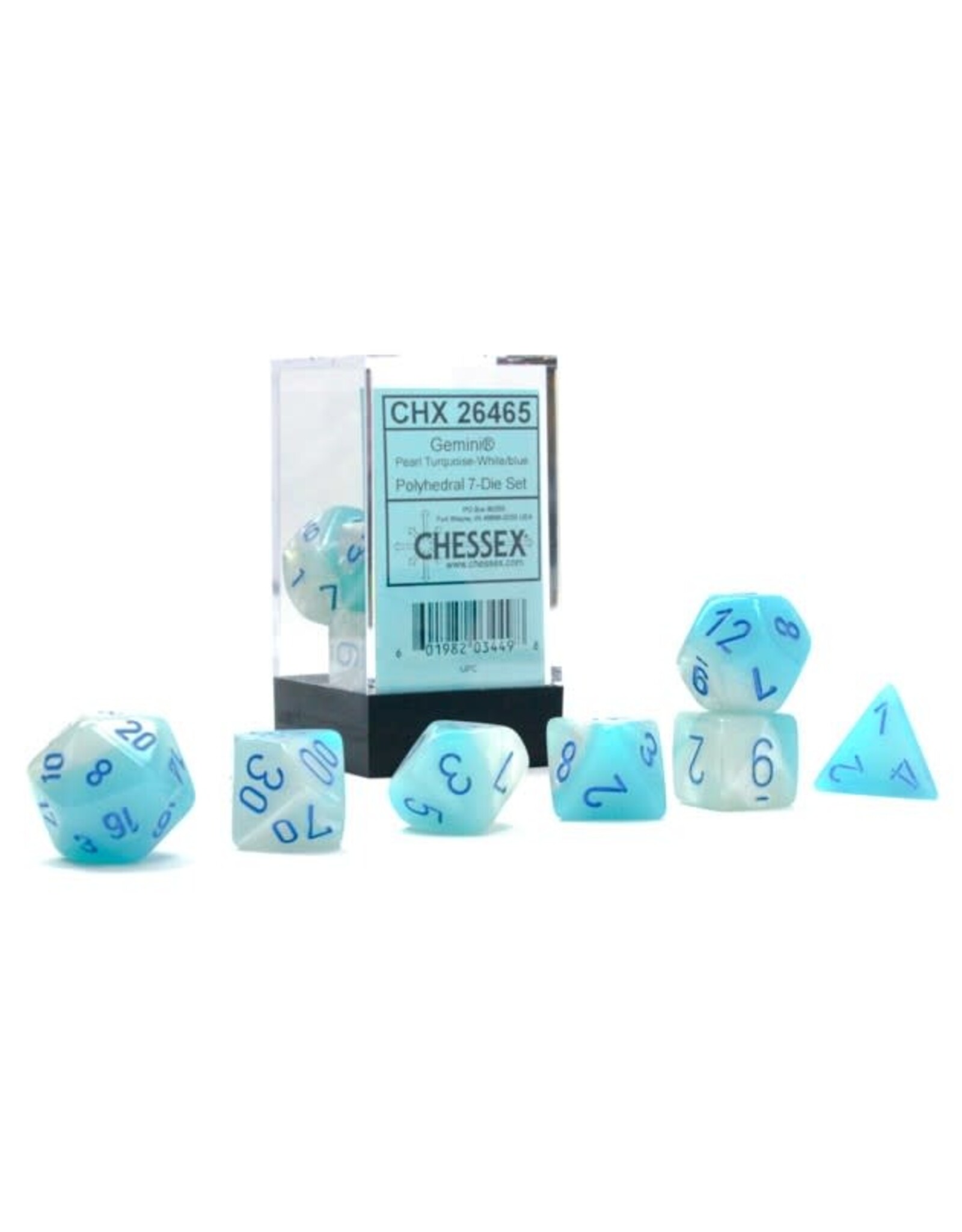 Chessex Pearl Turquoise-White/blue Gemini Poly 7 Dice Set