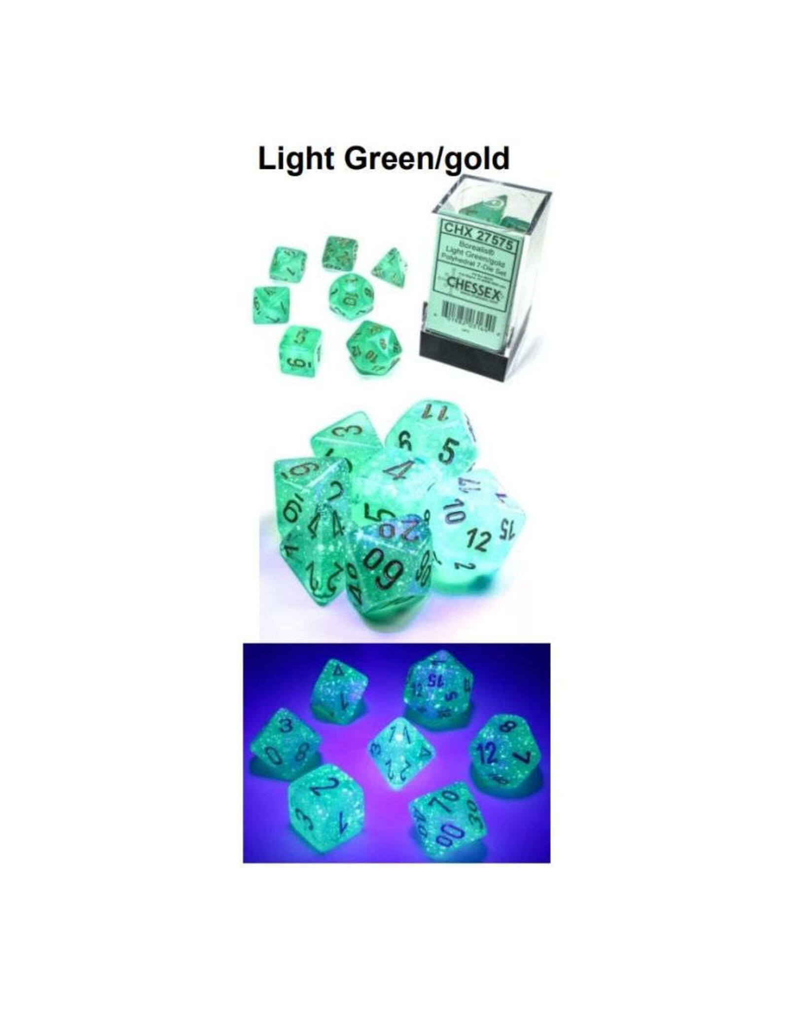 Chessex Light Green/gold Borealis Luminary Poly 7 Dice Set