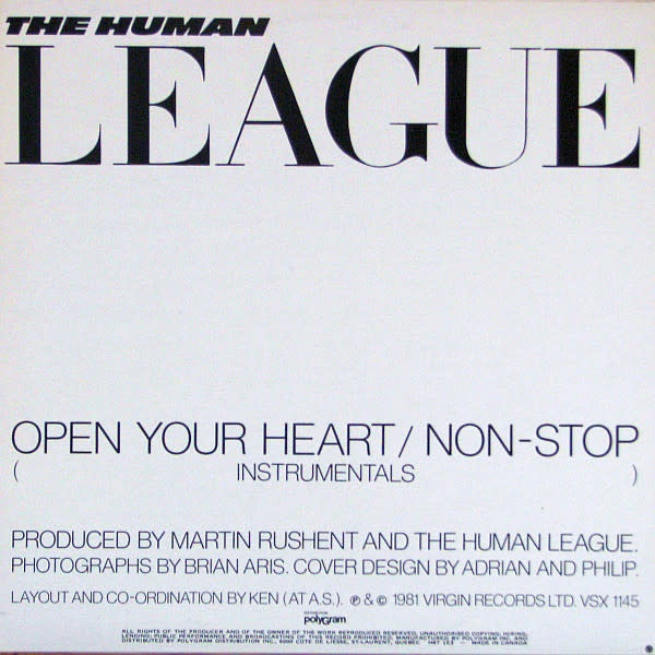 Rock/Pop The Human League - Open Your Heart 12" (VG+/2 in. bottom seam split, creases, ring-wear)