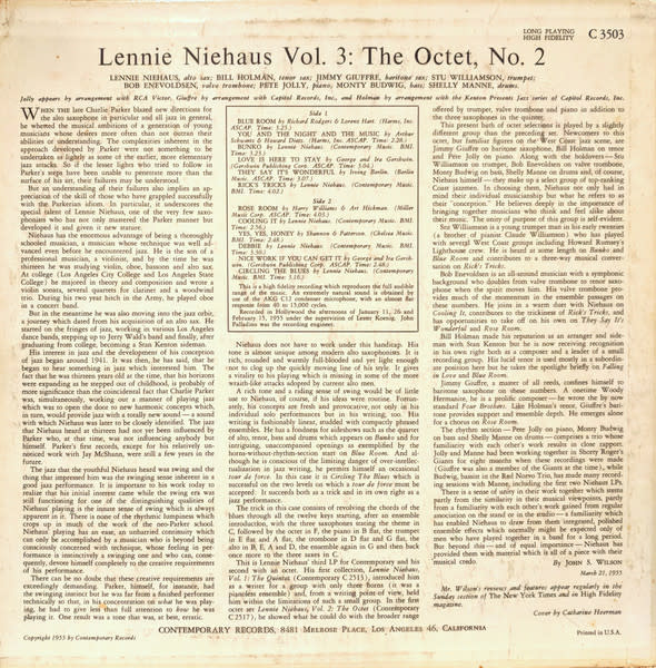 Jazz Lennie Niehaus - Vol. 3: The Octet #2 ('55 US Mono) (VG, brief tick on A1/ promo stamps on cover + labels, shelf-wear, pen + small stain on back cover)