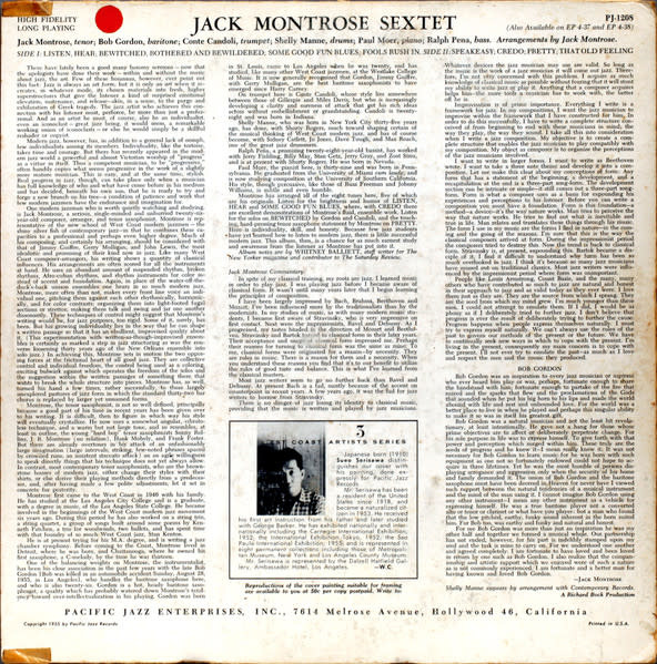 Jazz Jack Montrose Sextet - S/T ('55 US Mono Red Vinyl) (VG, light crackle, some ticks on A2/ 2 in. bottom seam-split, wear to top seam, name on back cover)