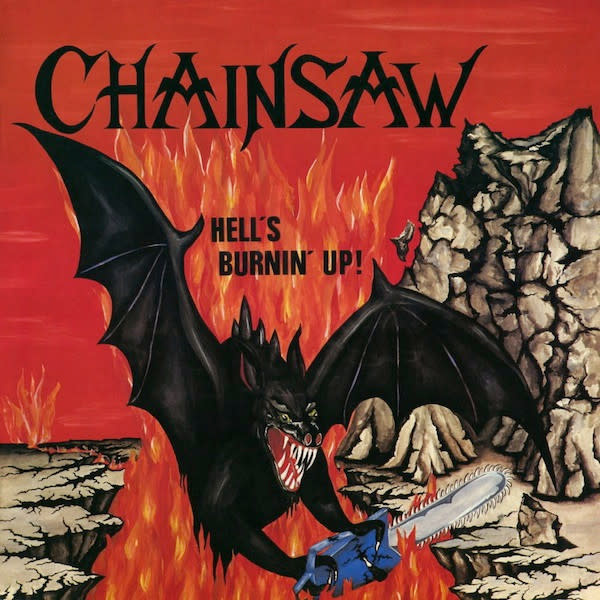 Metal Chainsaw - Hell's Burnin' Up! ('85 Germany) (VG/ creases, small tear + scuffs on cover, shelf-wear, heavier spine-wear)