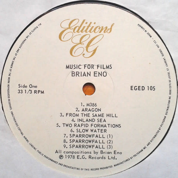 Rock/Pop Brian Eno - Music For Films ('80 CA) (VG+/VG+, edge/shelf-wear)