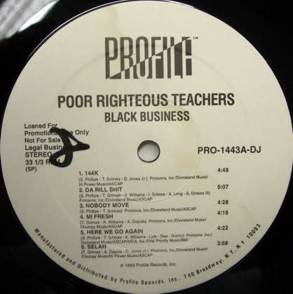 Hip Hop/Rap Poor Righteous Teachers - Black Business ('93 US Promo) (VG+, light crackle/VG, creases, tear on cover from price sticker removal)