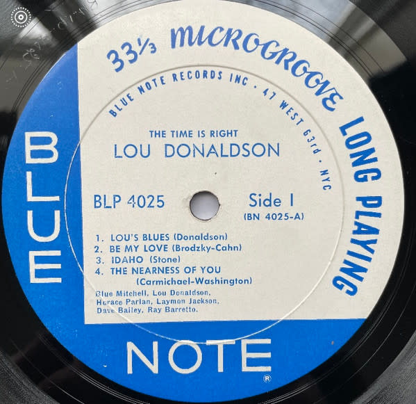 Jazz Lou Donaldson - The Time Is Right ('60 US Mono) (VG, some ticks on A1/VG+, still in shrink, 2 in. bottom seam split) (Reduced price: $250 -> $200)