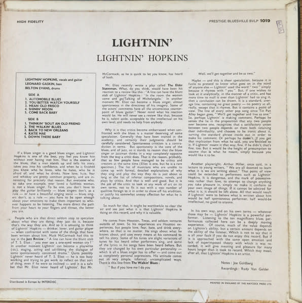 Blues Lightnin' Hopkins - Lightnin' (The Blues Of Lightnin' Hopkins) ('61 UK Mono) (VG, light crackle throughout/3 in. bottom seam-split, tape stain, corner-wear)