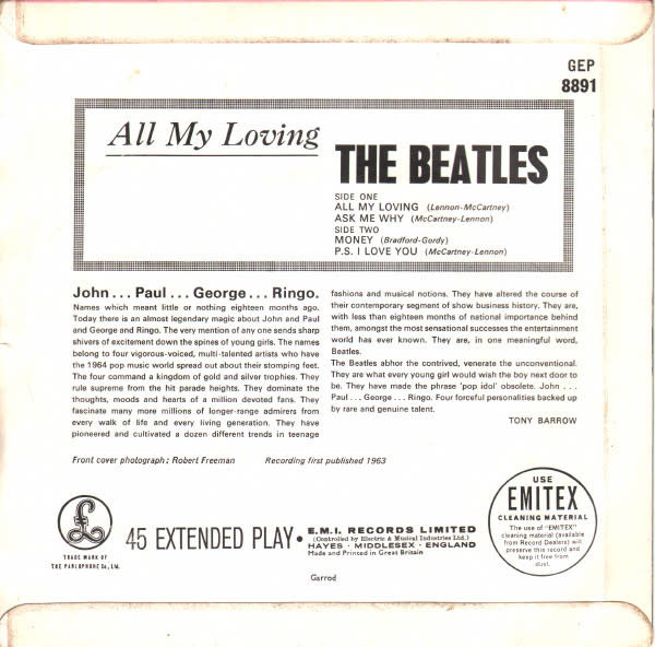 Rock/Pop The Beatles - All My Loving ('64 UK Mono 7") (VG/VG, creases)