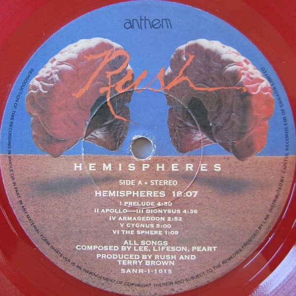 Rock/Pop Rush - Hemispheres ('78 CA Red Transparent Vinyl, without poster) (VG+/VG, creases, scuffs on cover)