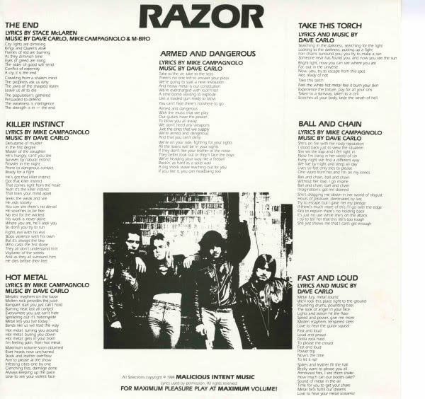 Metal Razor - Armed And Dangerous ('84 CA with Insert) (VG+, some light surface noise/clicks in quiet parts/VG+)