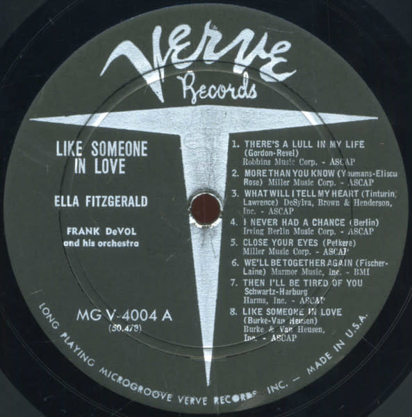 Jazz Ella Fitzgerald, Frank DeVol And His Orchestra - Like Someone In Love ('57 US Mono) (VG+, light surface noice/VG, 5 in. top seam split otherwise VG+)