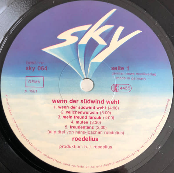 Krautrock Roedelius - Wenn Der Südwind Weht ('81 Germany) (VG+, some surface noise during A1 + some other quiet parts/VG+, hole punch back cover only, 1 inch near-split on top seam)