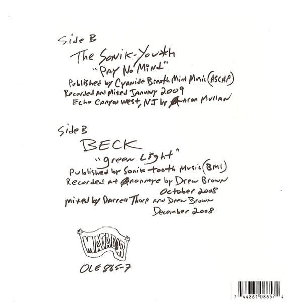 Rock/Pop The Sonik-Youth / Beck - Pay No Mind / Green Light ('09 US 7") (VG++/VG++)