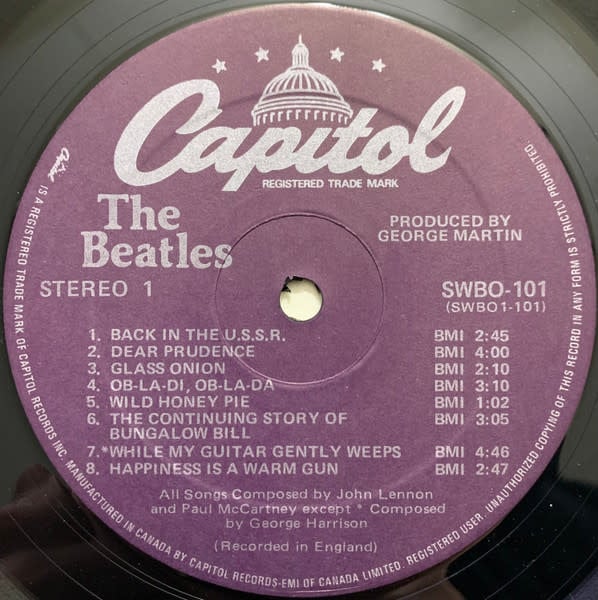 Rock/Pop The Beatles - S/T (White Album) ('77 CA Purple Label, w/Poster + 4 Portraits still attached together) (VG++/VG, slice on spine to corner)