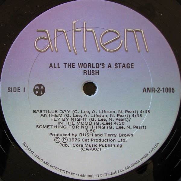 Rock/Pop Rush - All The World's Stage ('77 CA, Columbia House) (VG+/G+, tape, creases, ring-wear, writing indentations on cover)
