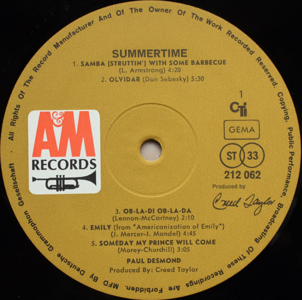 Jazz Paul Desmond - Summertime ('69 Germany) (VG+/VG+)