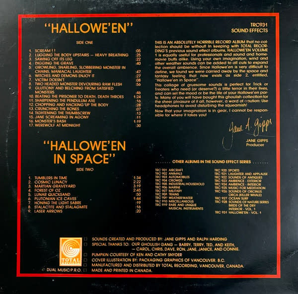 Experimental Jane Gipps And Ralph Harding - Halloween Sound Effects (Music And Effects Of A Terrifying Nature) ('82 CA) (NM/VG, 1.5 inch near-split on spine)