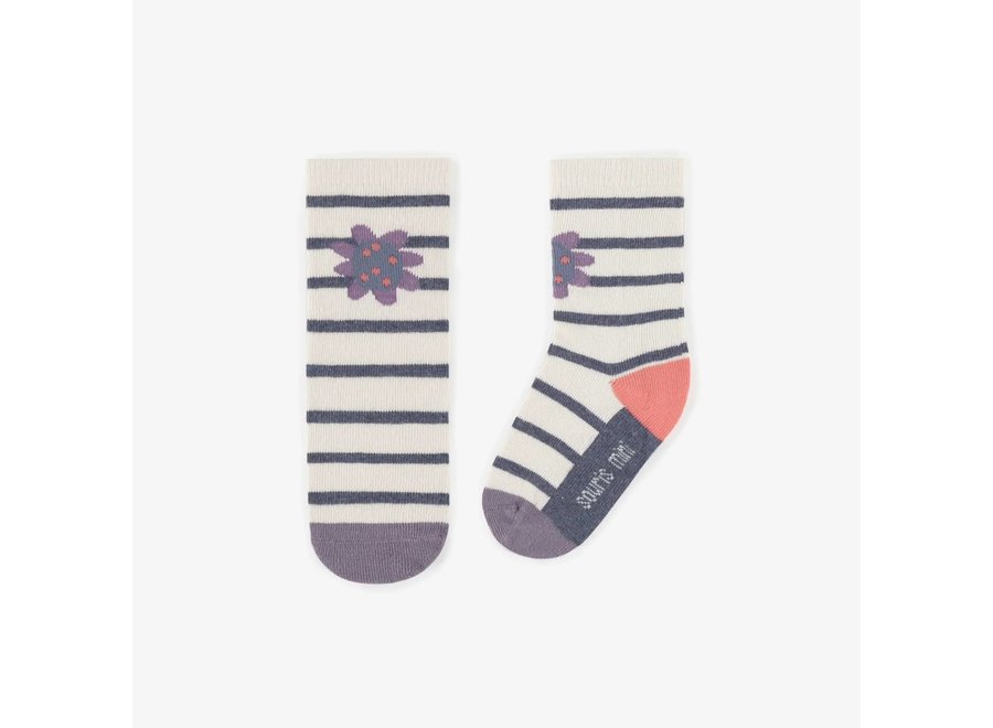 White socks with blue stripes and a flower