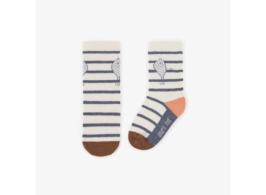 white socks with blue stripes and a fish