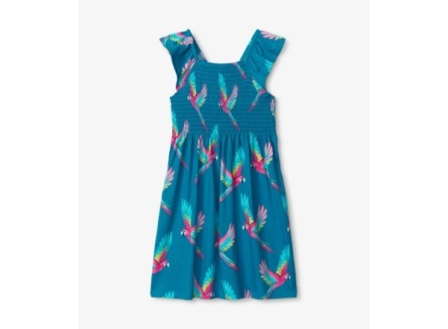 Tropical parrots smocked dress