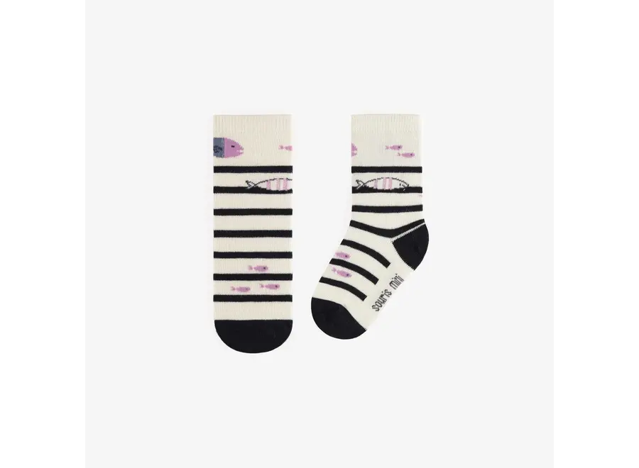 Cream socks with purple fish and stripes