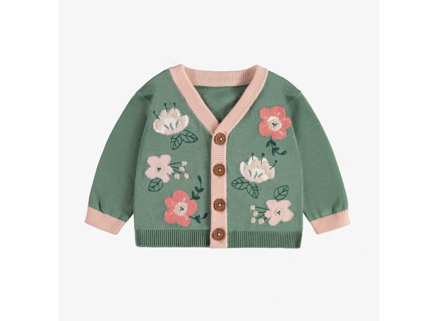 Green knitted sweater with flowers