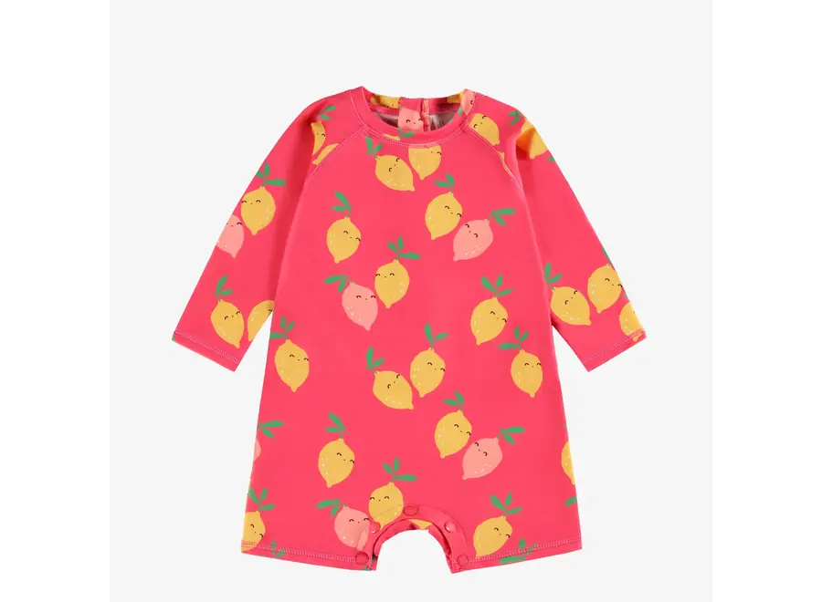 Pink one piece swimsuit with lemon print baby