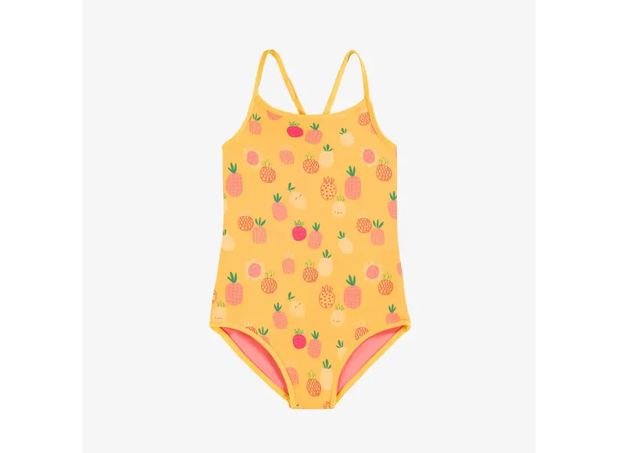 Reversible pink/yellow one piece swimsuit fruit print