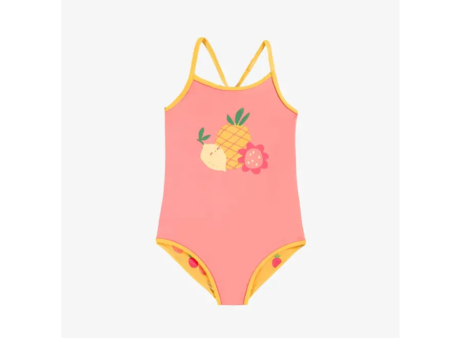 Reversible pink/yellow one piece swimsuit fruit print