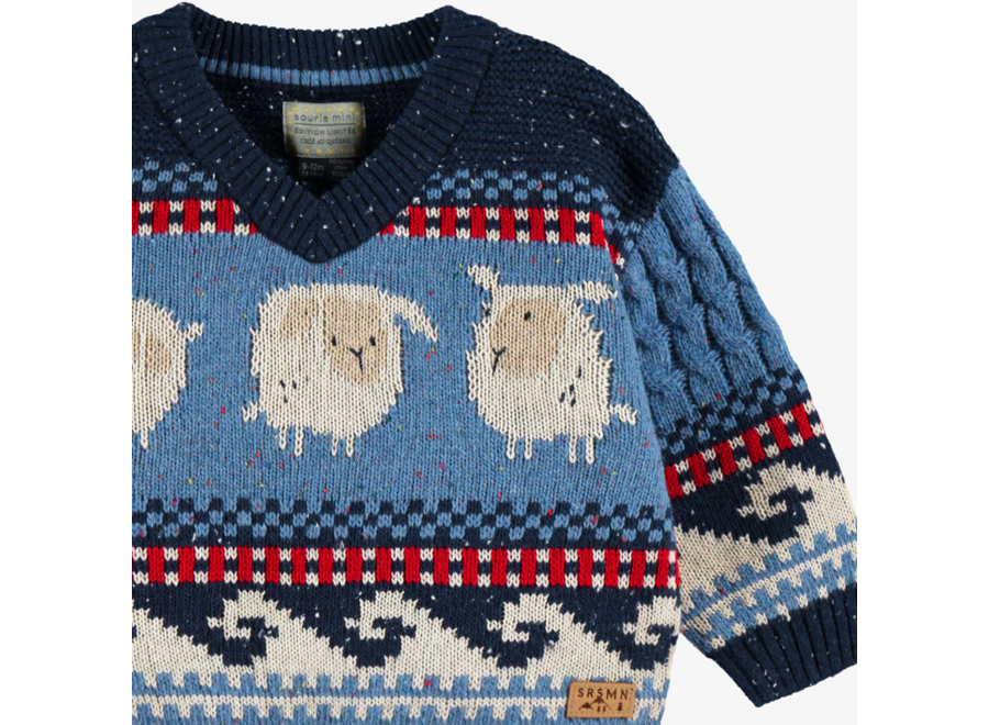 Blue Knit Sweater with Sheep