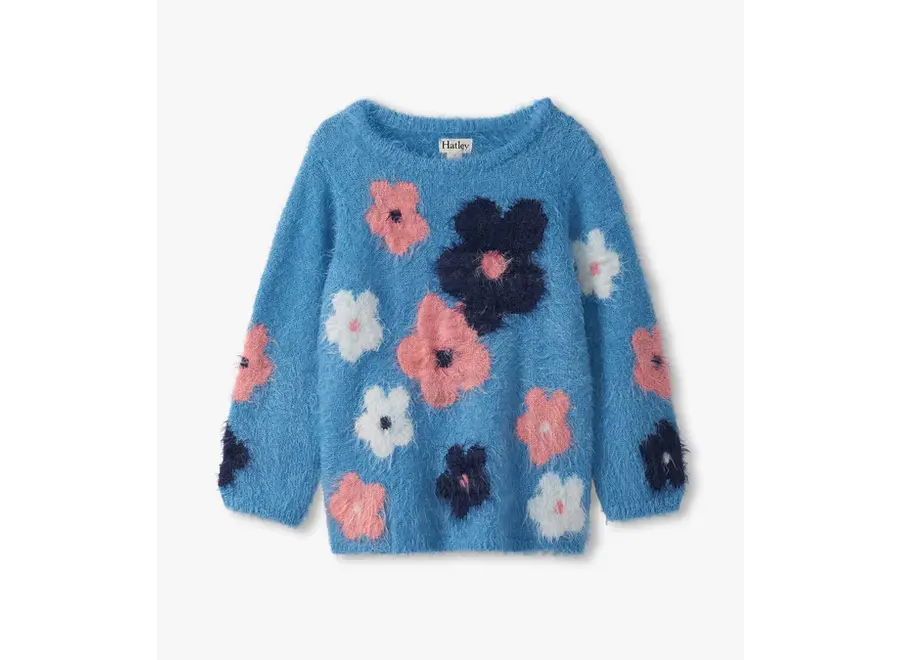Floral Cluster Furry Sweater Azure Blue
