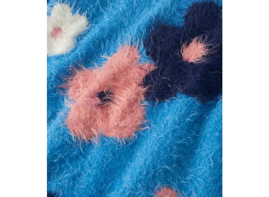 Floral Cluster Furry Sweater Azure Blue