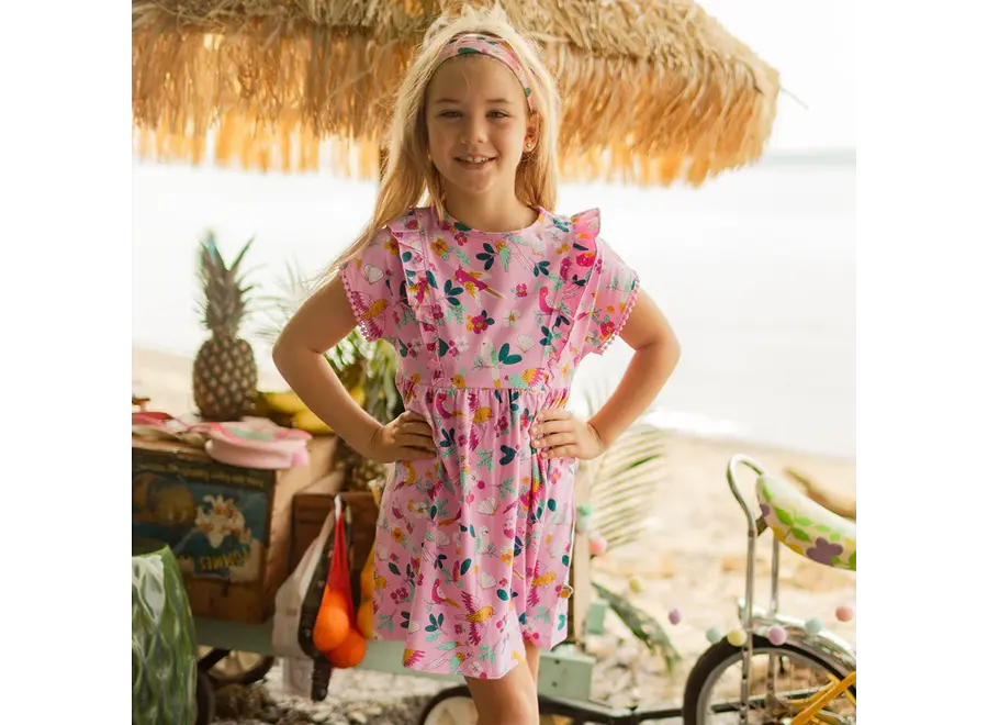 Pink Dress with Tropical Pattern Child