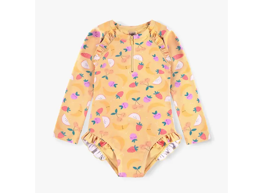 Yellow One Piece Swimsuit with Fruity Patterns Child