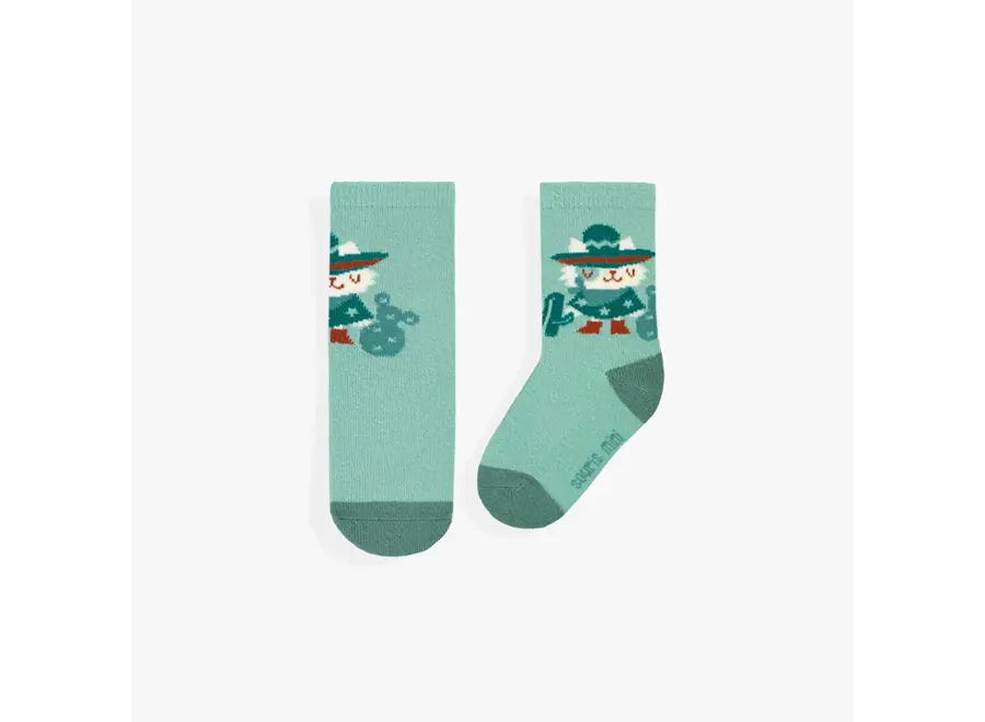Turquoise Socks with Cactus and Cat Pattern Baby