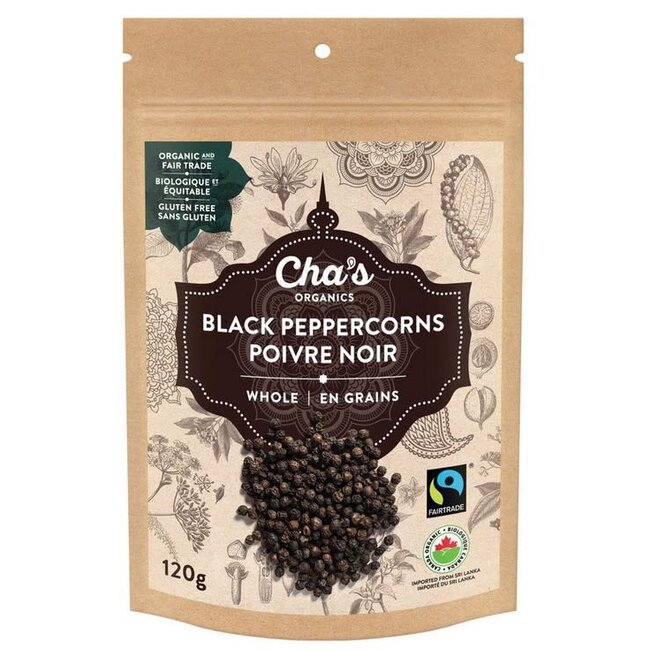 Cha's Organics Whole Black Peppercorns 120g