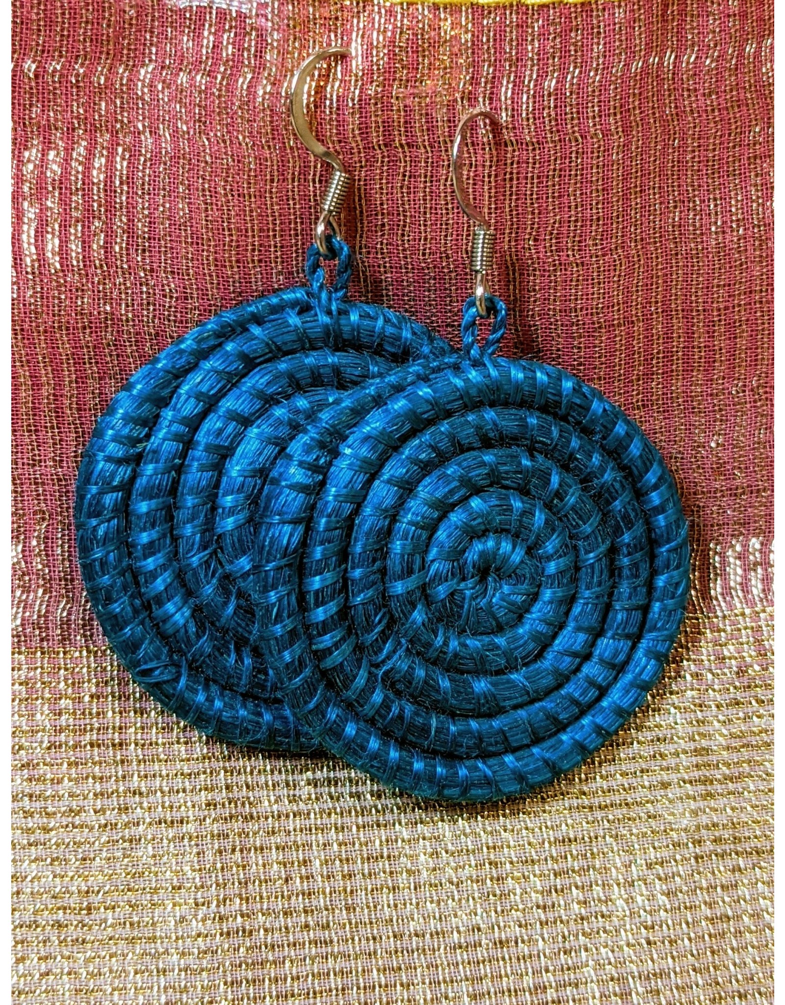 Soko Home Woven Sisal Circle Earrings, Bright Blue. Rwanda