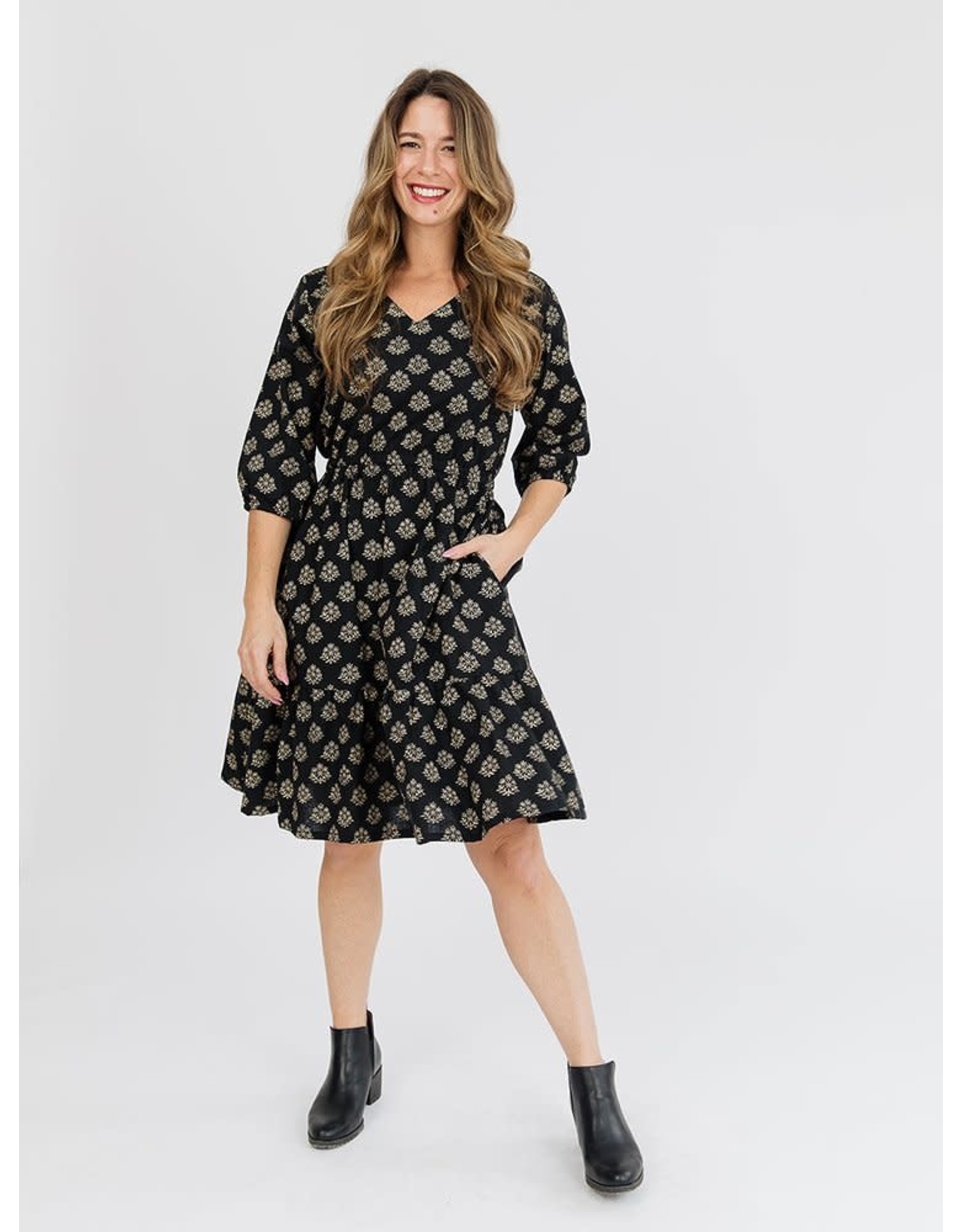 India Lydia Dress in Black Floral Stamp, India