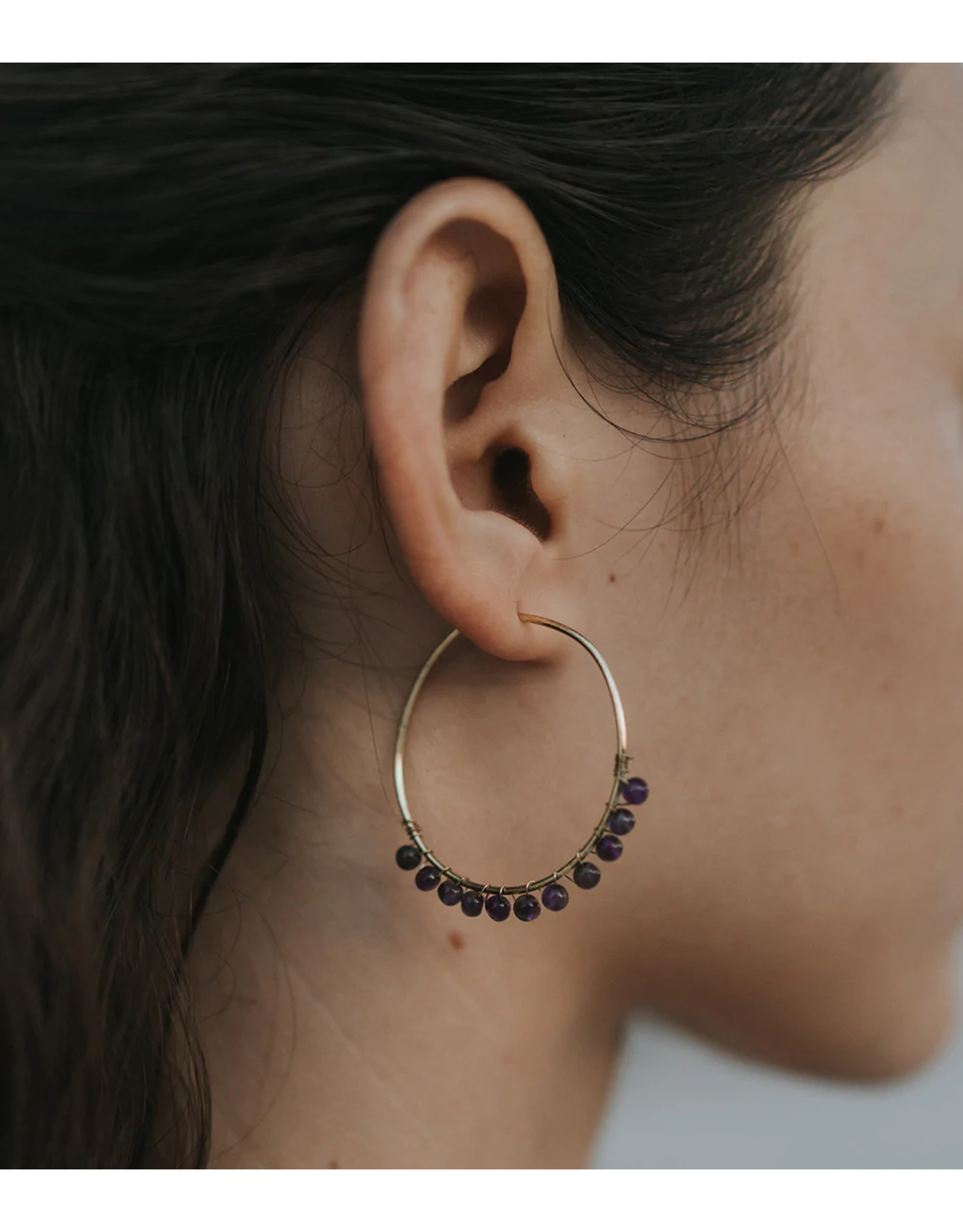 India Jambumani Amethyst Bead Brass Hoop Earrings, India