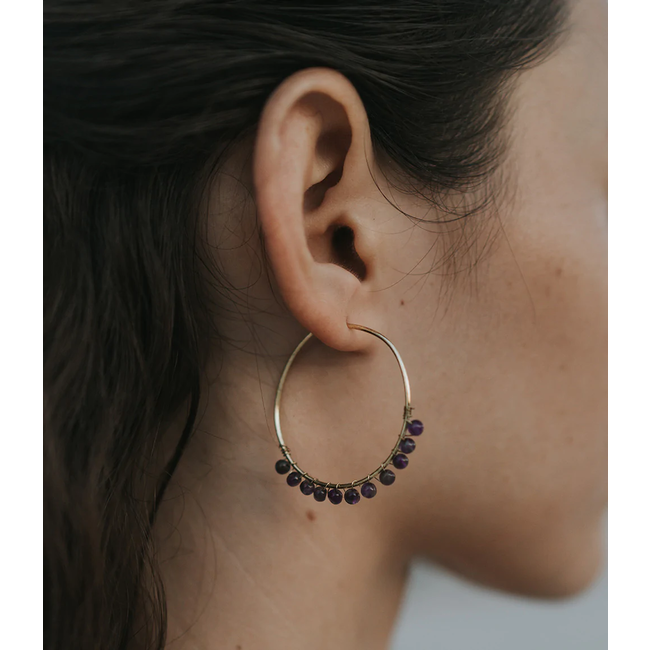 Jambumani Amethyst Bead Brass Hoop Earrings