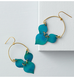 India Chameli Drop Earrings with Gold Hoop and Teal Leaves, India