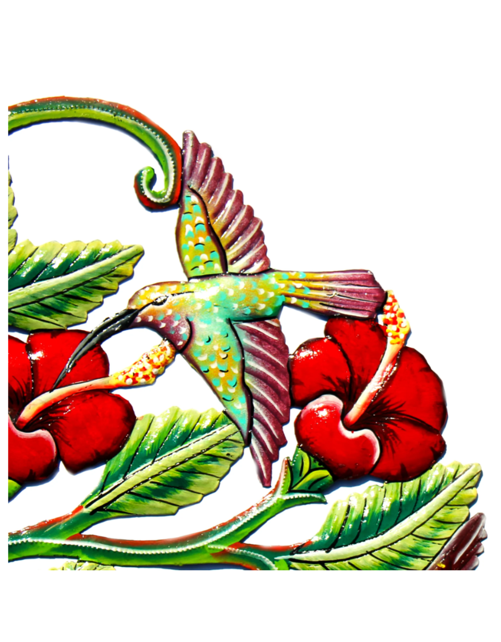 Haiti Hummingbirds and Hibiscus Painted Cut Metal Drum Wall Art, Haiti