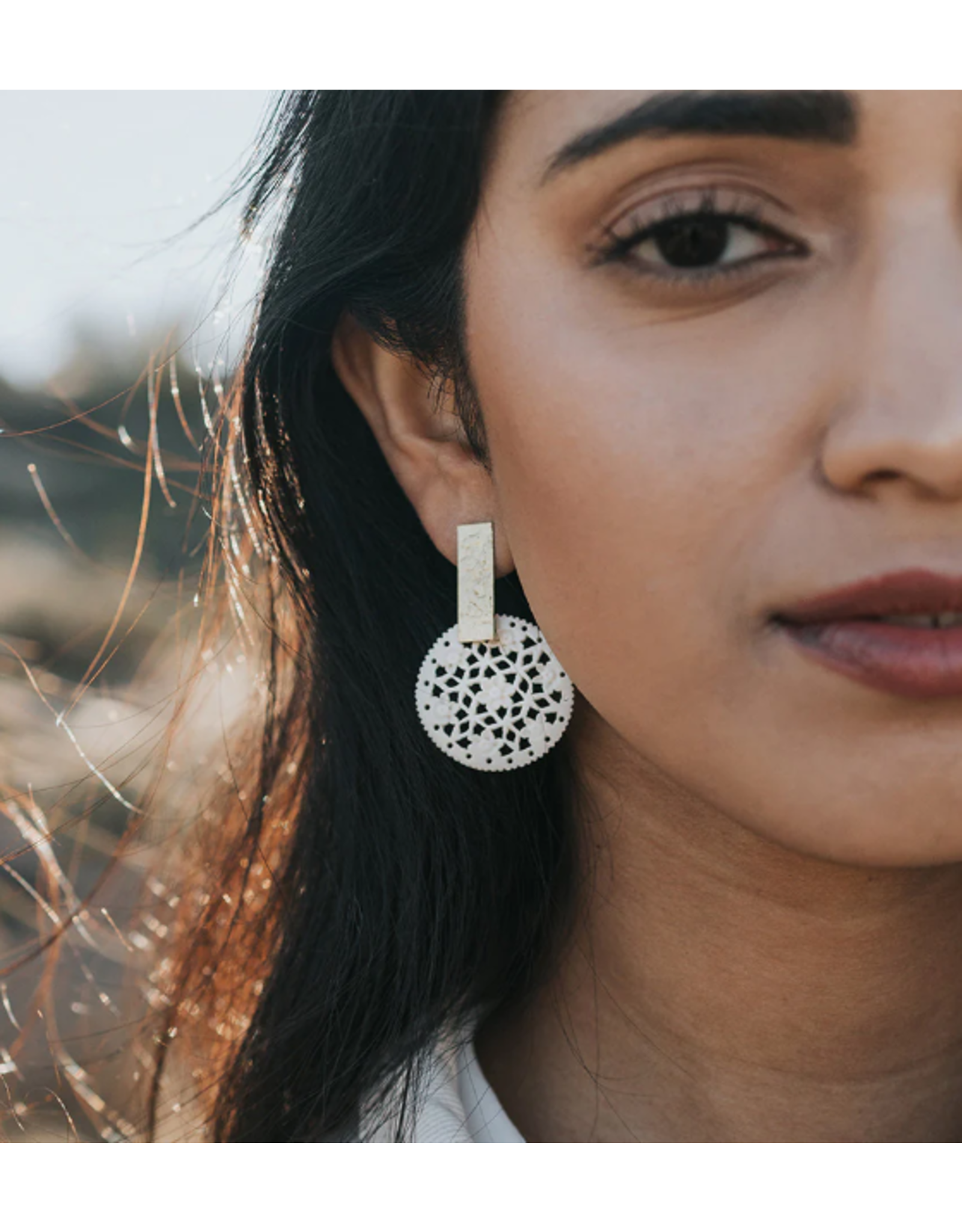 India Charu Bone Lace & Brass Bar Drop Earrings, India