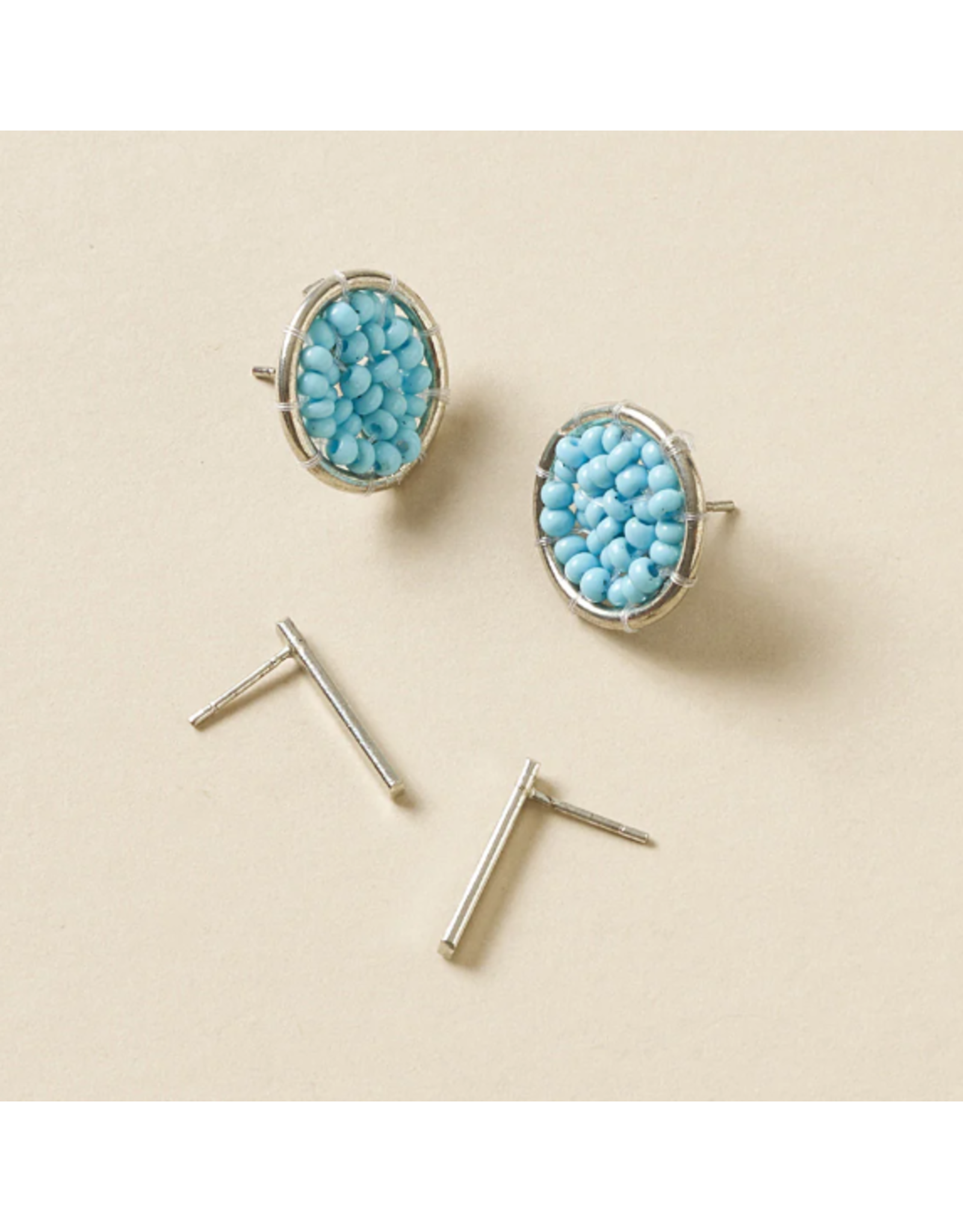 India Rajiyah Silver and Turquoise Seed Bead and Bar Stud Earrings (set of 2), India