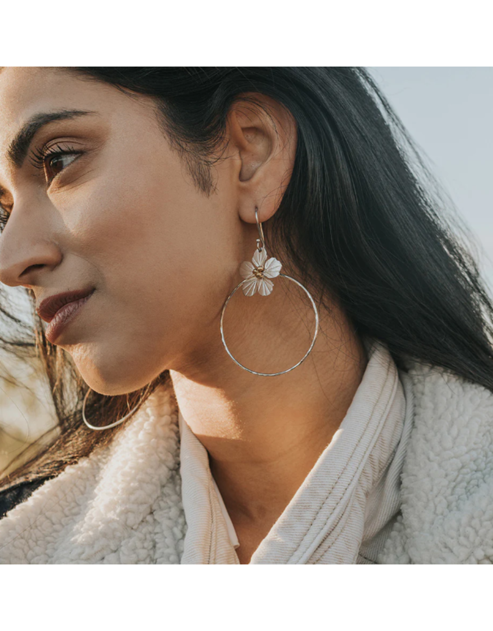 India Sayuri Silver Hoop Earrings w/ Flower Charm