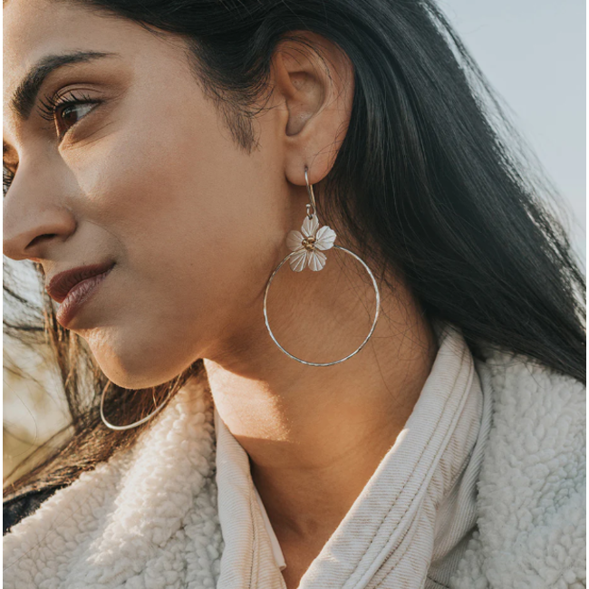 Sayuri Silver Hoop Earrings w/ Flower Charm