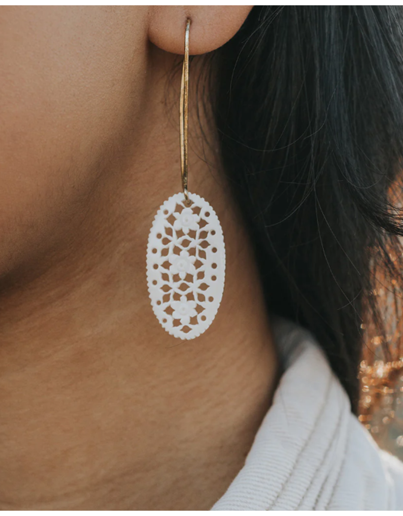 Charu Bone Lace and Brass Long Drop Earrings, India