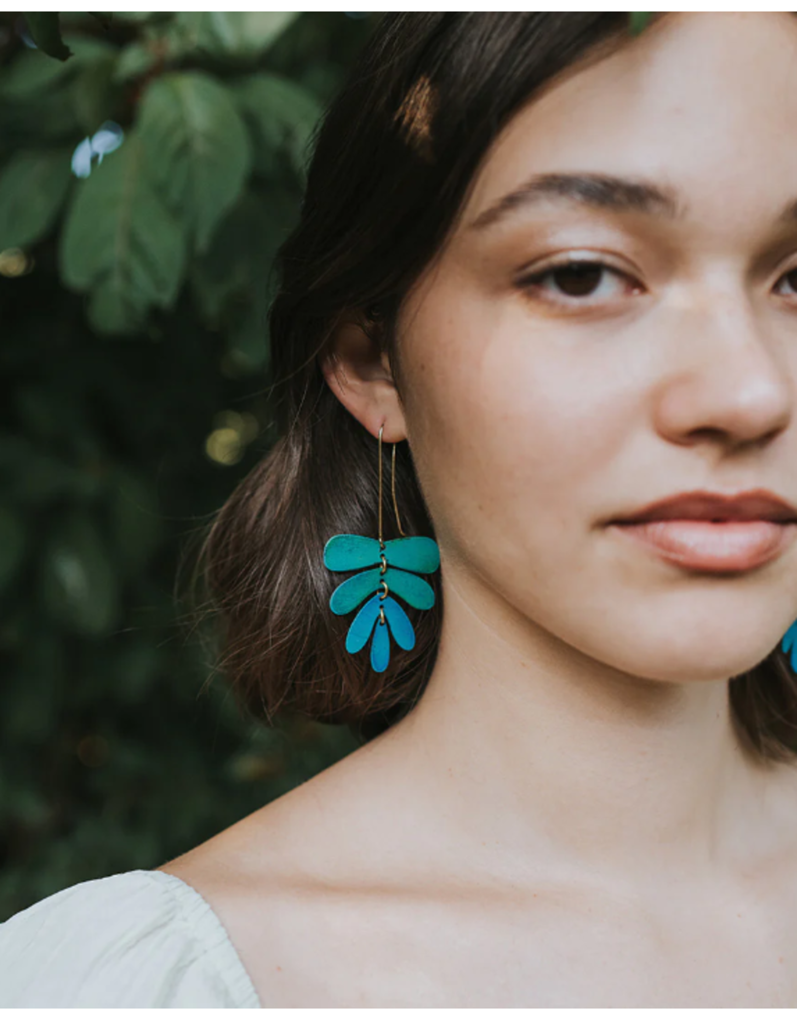 India Chameli Teal Dangling Leaf Earrings, India