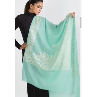 India Geeta Aqua & Ivory Wool Shawl