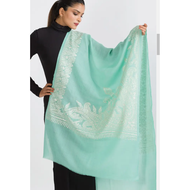 Geeta Aqua & Ivory Wool Shawl